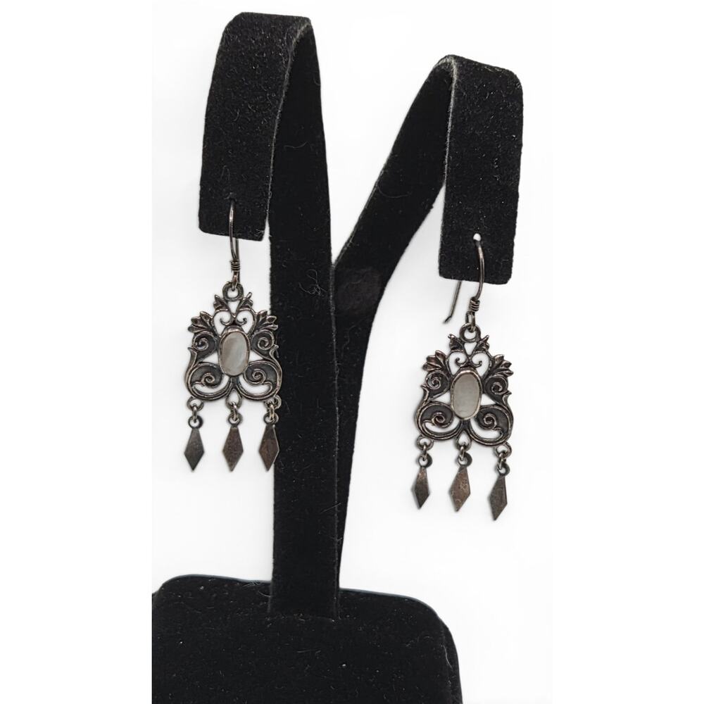Vintage 925 Sterling Silver Mother of Pearl Dangle Earrings Boho